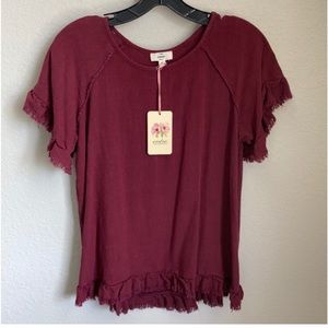 NWT ENTRO Burgundy Top Fringed Sleeves and Hem Size Small